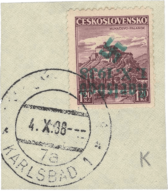 Sudetenland | czechoslovakian stamp overprint | german occupation | Karlovy Vary | Carlsbad | 1938 | 10 K with postmark 4.X.38-.. /7a