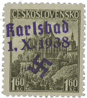 Karlovy Vary postage stamp overprint - Czechoslovakia - sudetenland - Maffersdorf - Michel 12