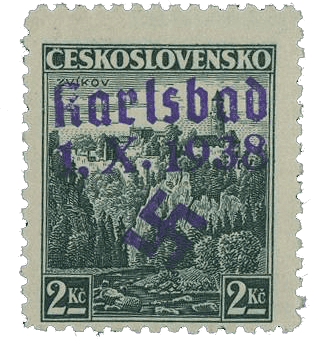 Sudetenland | czechoslovakian stamp overprint | german occupation | Karlovy Vary | Carlsbad | 1938 | Michel 13