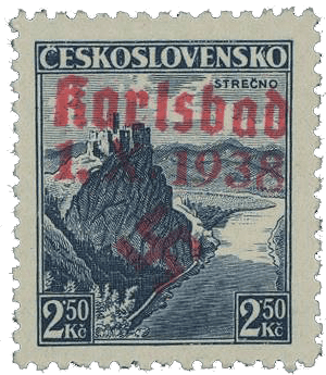 Karlovy Vary postage stamp overprint - Czechoslovakia - sudetenland - Maffersdorf - Michel 14
