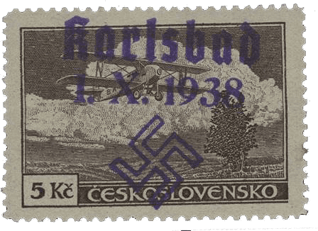 Sudetenland | czechoslovakian stamp overprint | german occupation | Karlovy Vary | Carlsbad | 1938 | Michel 25