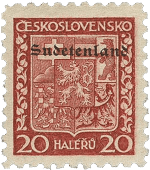 Konstantinovy Lázně overprint of czechoslovakian stamp | german occupation | 1938 | sudetenland crisis | Konstantinsbad Michel 3.