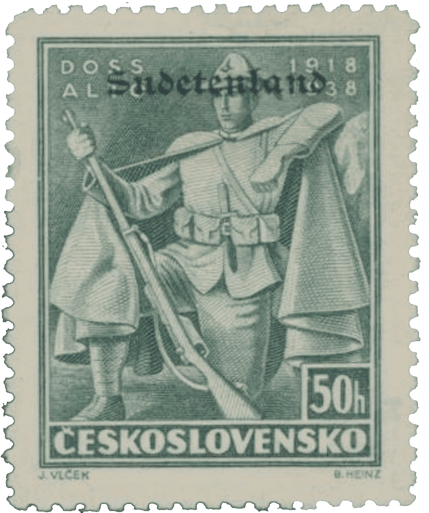 Konstantinovy Lázně overprint of czechoslovakian stamp | german occupation | 1938 | sudetenland crisis | Konstantinsbad Michel 30 Legion