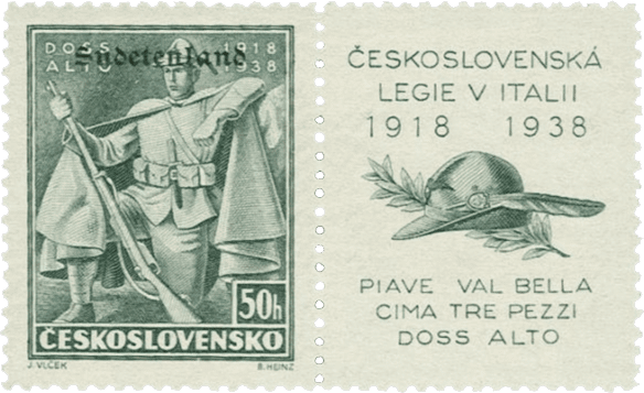 Konstantinovy Lázně overprint of czechoslovakian stamp | german occupation | 1938 | sudetenland crisis | Konstantinsbad Michel 30 ZFw Legion