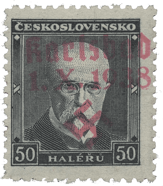 Sudetenland | czechoslovakian stamp overprint | german occupation | Karlovy Vary | Carlsbad | 1938 | Michel 45