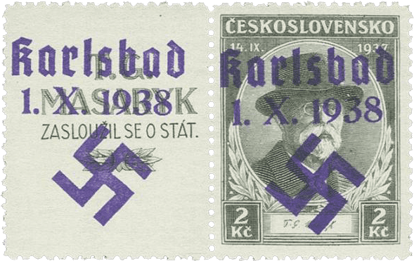 Sudetenland | czechoslovakian stamp overprint | german occupation | Karlovy Vary | Carlsbad | 1938 | Michel 46 ZFW
