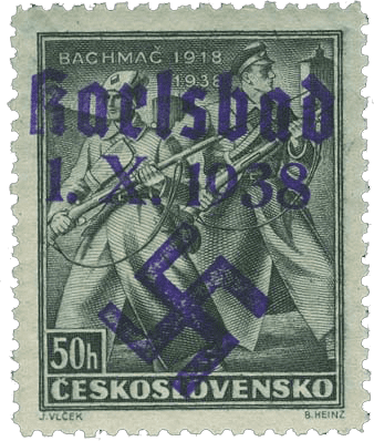 Sudetenland | czechoslovakian stamp overprint | german occupation | Karlovy Vary | Carlsbad | 1938 | Michel 54