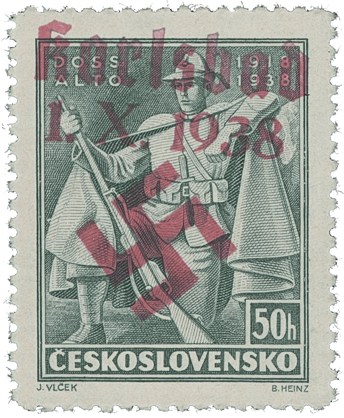 Sudetenland | czechoslovakian stamp overprint | german occupation | Karlovy Vary | Carlsbad | 1938 | Michel 56F II
