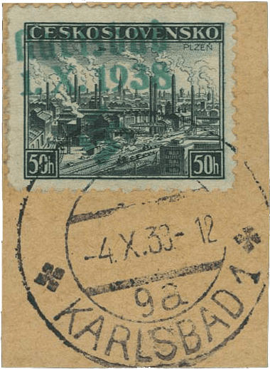 Sudetenland | czechoslovakian stamp overprint | german occupation | Karlovy Vary | Carlsbad | 1938 | 62 F with postmark 4.X.38-12/9a