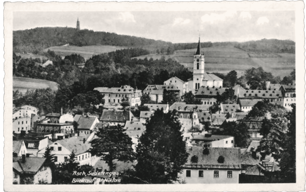 Postcard showing a view of St. Nicholas’ Church in Aš (in the so-called Sudeten County)