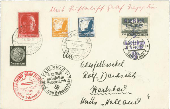 Letter postmarked 4.X.38-14/4d with mixed franking (Zeppelin Sudeten flight) | Sudetenland | Karlsbad