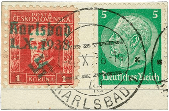 Sudetenland | czechoslovakian stamp overprint | german occupation | Karlovy Vary | Carlsbad | 1938 | A rarity with postmark 4.X.38-