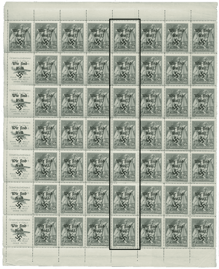Rumburk | Rumburg | Sudetenland stamp overprint 1938 | German occupation of Czechoslovakia | Sudeten | postage stamp overprints | Block of 50 stamps, no. 49, of which 7x 49I in the fourth vertical row (drop-shaped exclamation mark)